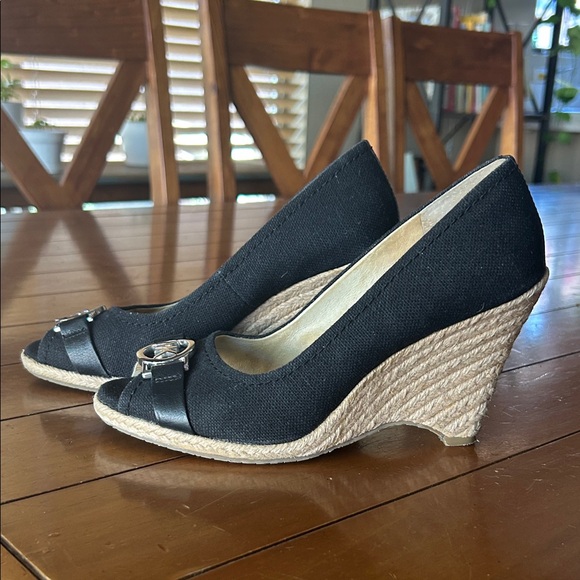 Michael Kors Shoes - Michael Kors Black Espadrille Wedge Peep-Toe Pumps with Buckle